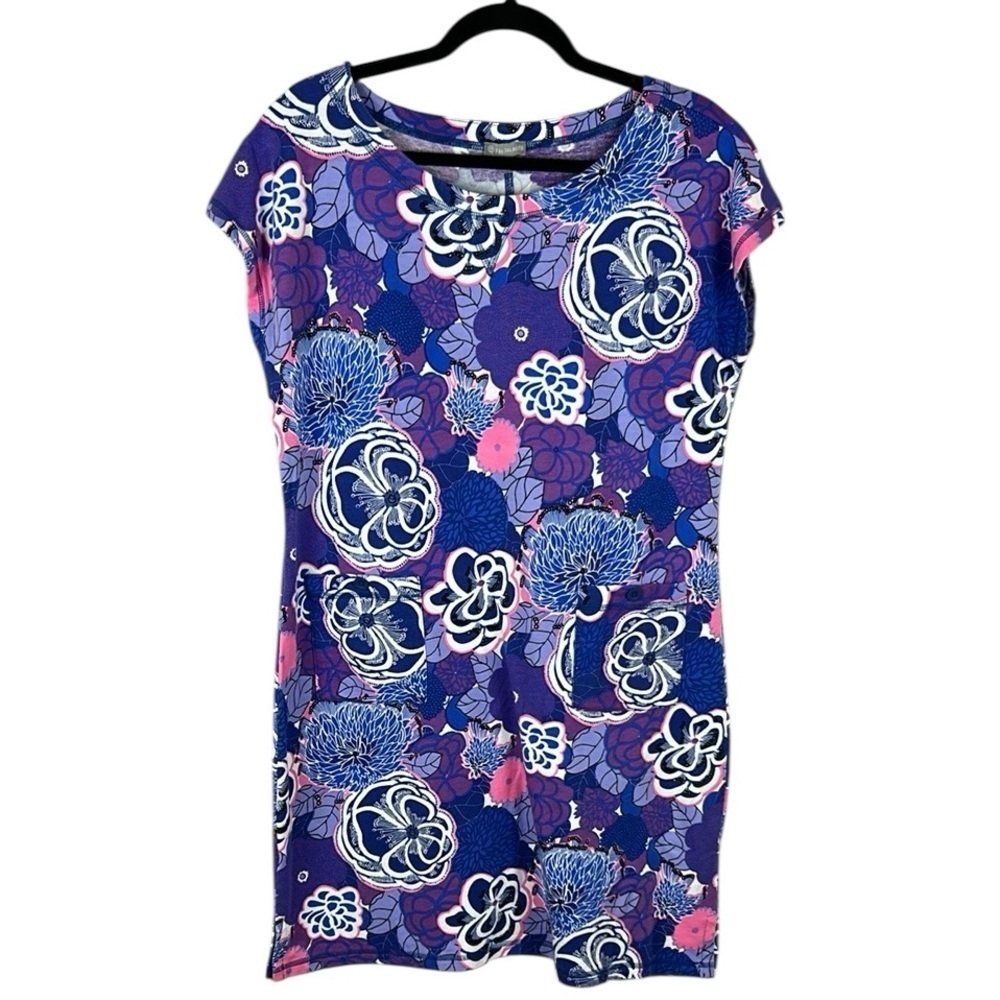 T by Talbots Casual Floral Cotton Modal Short Sleeve Dress Large Petite Blue